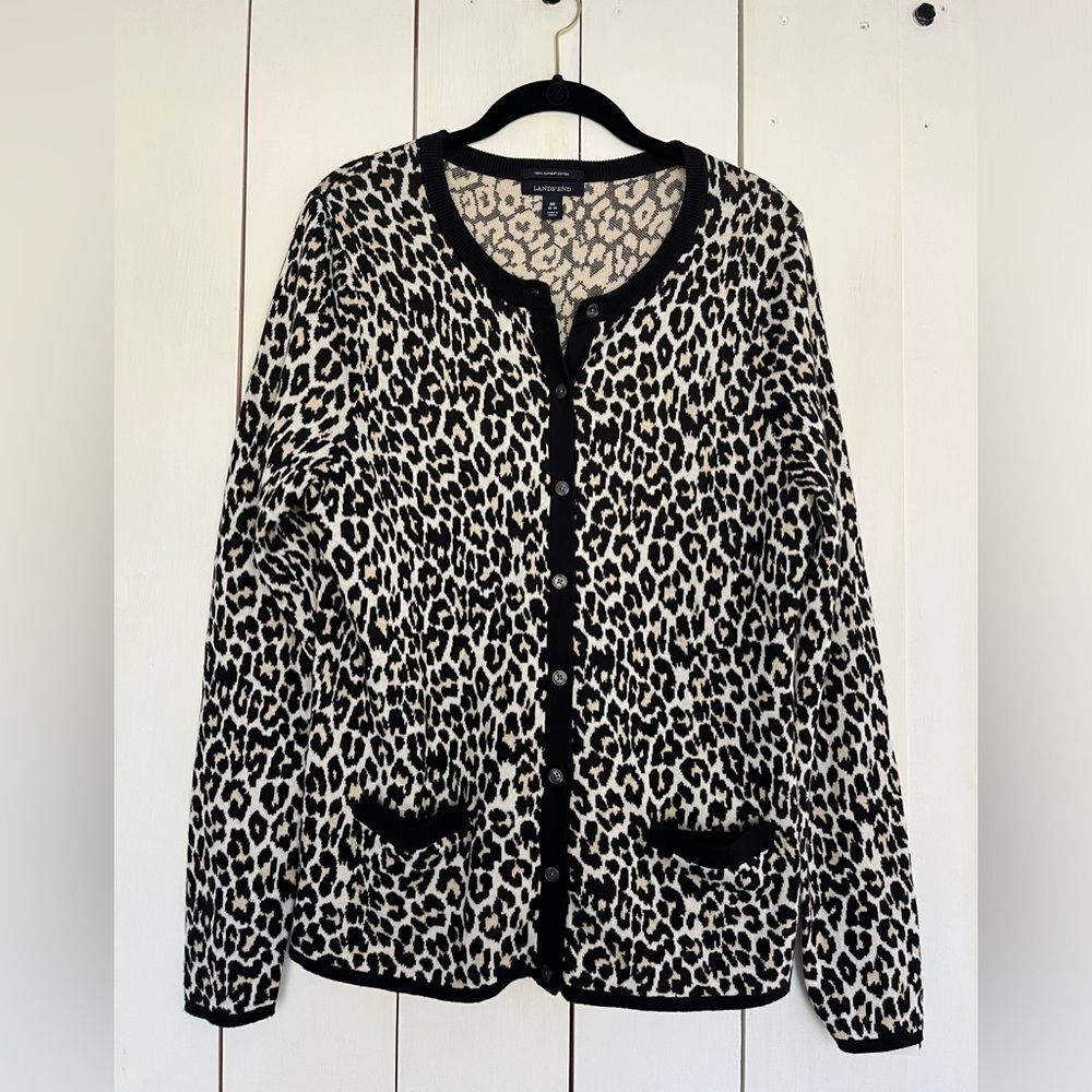 Land’s End Supima Cotton Animal Cheetah Leopard Cardigan Pockets
